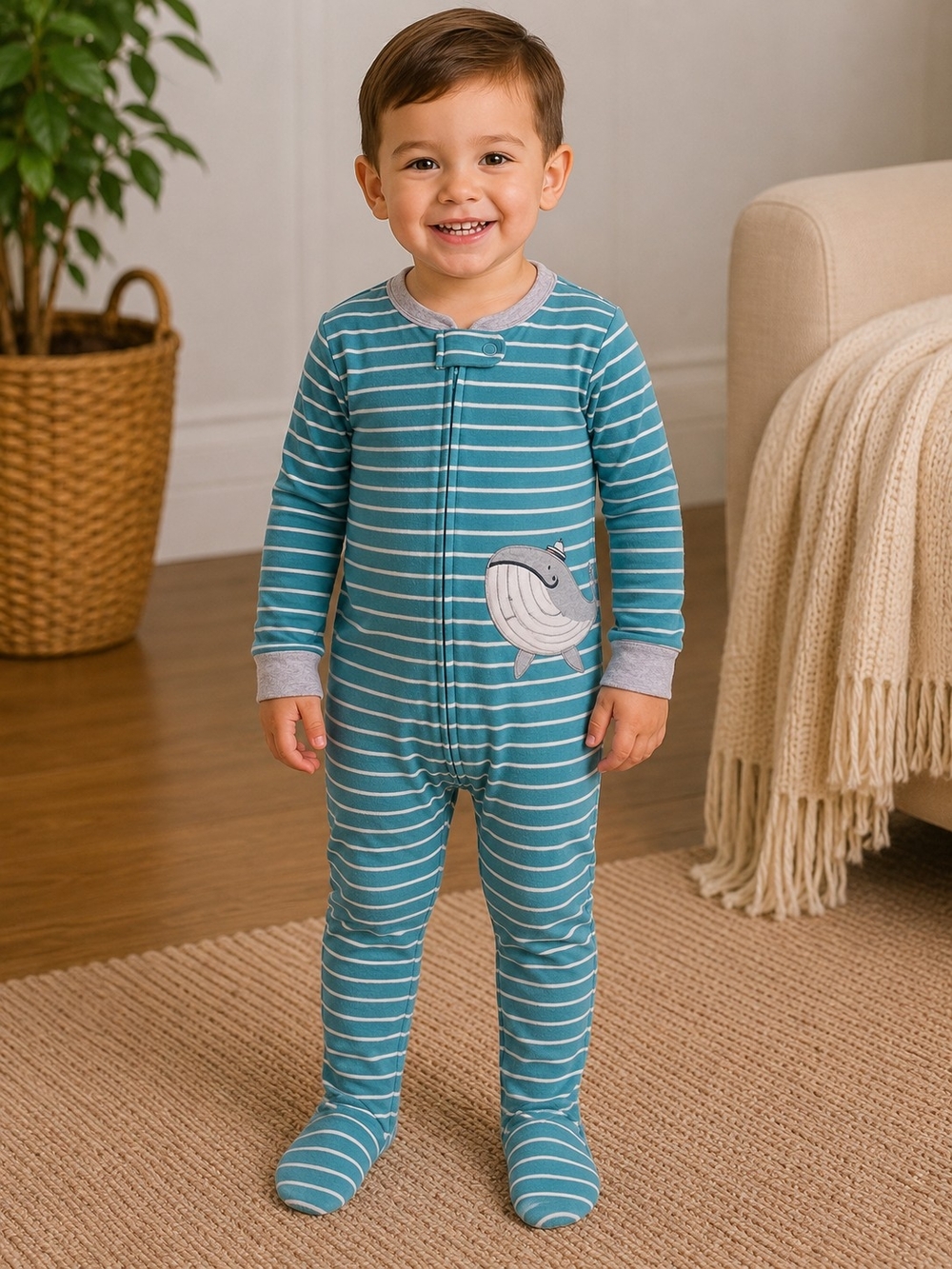 Carter's Teal Striped Footed Pajama One-Piece with Whale Applique